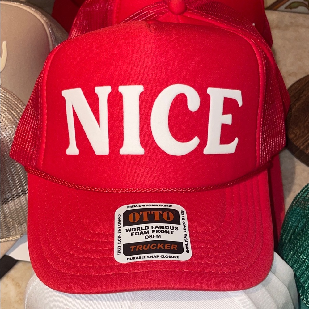 NWT “NICE” Red Christmas Trucker Hat